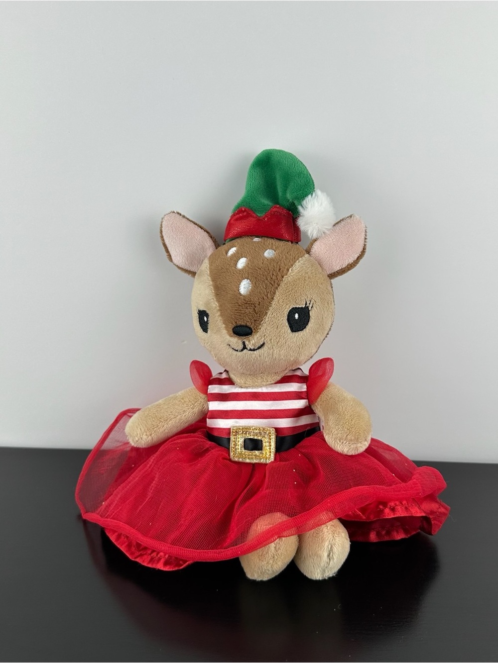 H&M RARE Christmas Deer Fawn 11" Red Green Elf Hat Striped Dress Plush Reindeer